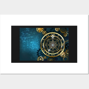 Golden Clock on Turquoise Background ( Steampunk ) Posters and Art